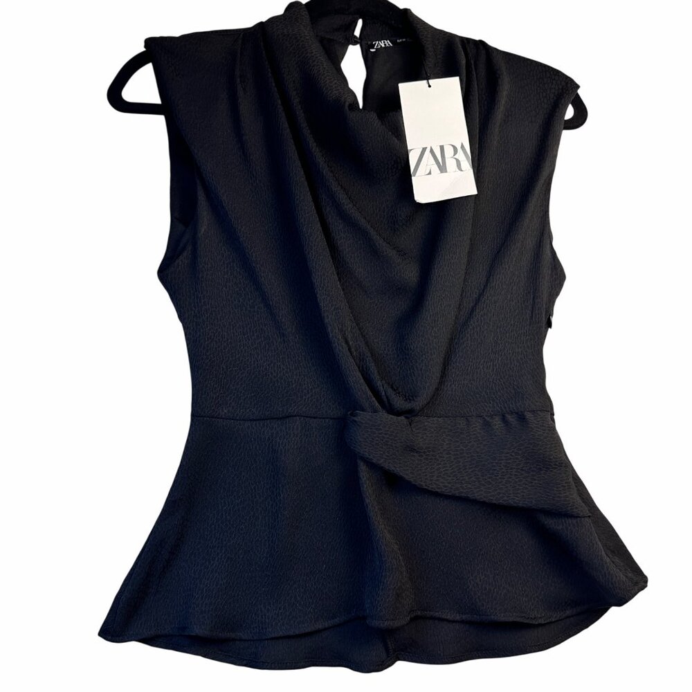 NWT Zara Womens Black Leopard Top Sz XS Cowl Neck Draped Knot-Front Whimsy